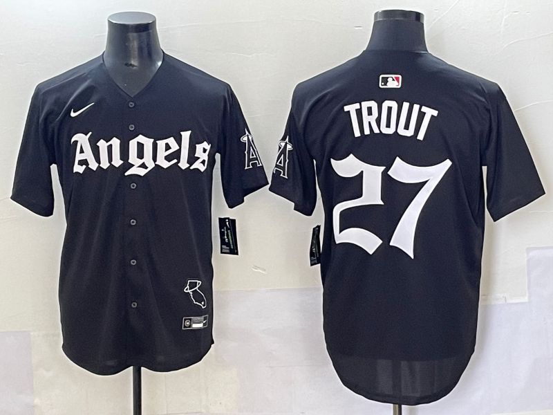 Men 2025 Los Angeles Angels #27 Trout Black Five generations Joint Name Nike MLB Jersey style 1